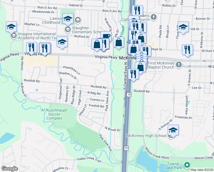 map of restaurants, bars, coffee shops, grocery stores, and more near 103 Poppy Lane in McKinney