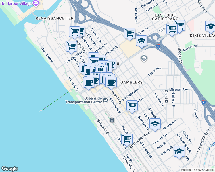 map of restaurants, bars, coffee shops, grocery stores, and more near 101 North Coast Highway in Oceanside