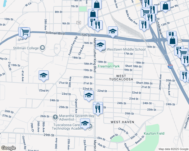 map of restaurants, bars, coffee shops, grocery stores, and more near 1924 Martin Luther King Junior Boulevard in Tuscaloosa