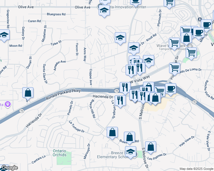 map of restaurants, bars, coffee shops, grocery stores, and more near 819 West Vista Way in Vista