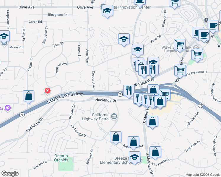map of restaurants, bars, coffee shops, grocery stores, and more near West Drive in Vista