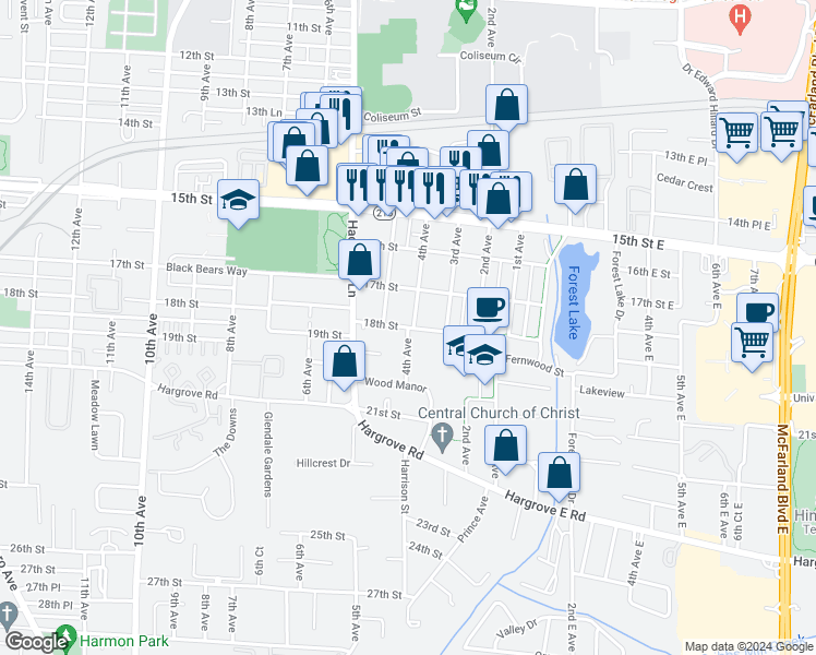 map of restaurants, bars, coffee shops, grocery stores, and more near 401 18th Street in Tuscaloosa