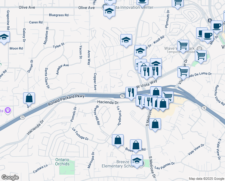 map of restaurants, bars, coffee shops, grocery stores, and more near 801-19 West Vista Way in Vista