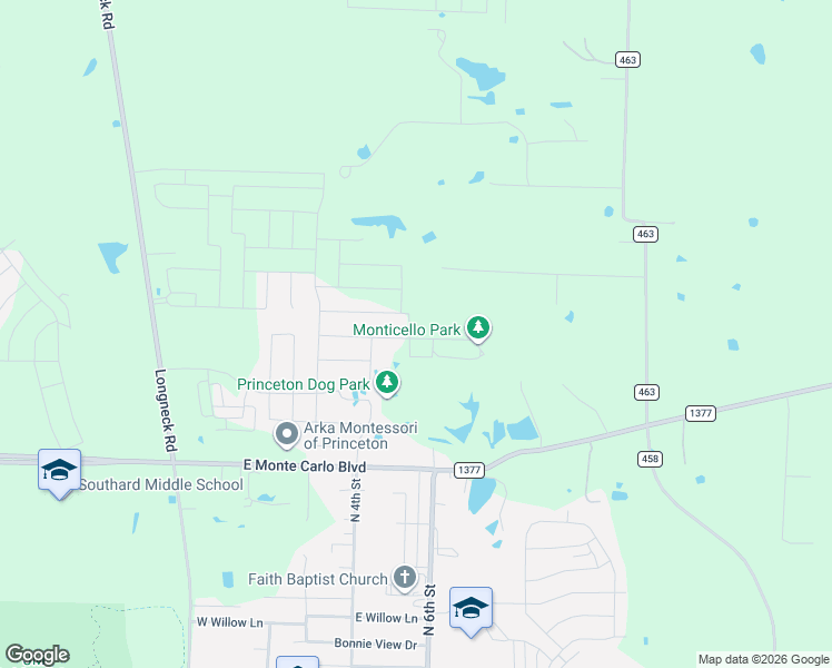 map of restaurants, bars, coffee shops, grocery stores, and more near 8432 Biggs Road in Princeton