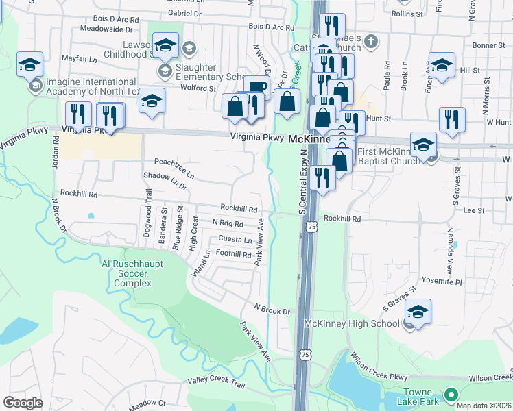 map of restaurants, bars, coffee shops, grocery stores, and more near 103 Poppy Lane in McKinney