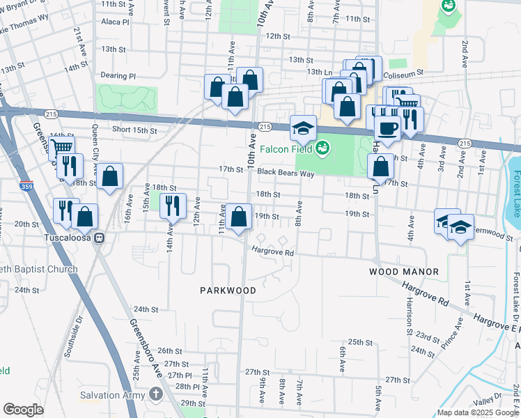 map of restaurants, bars, coffee shops, grocery stores, and more near 1825 10th Avenue in Tuscaloosa