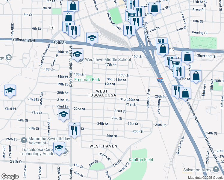 map of restaurants, bars, coffee shops, grocery stores, and more near 2809 19th Street in Tuscaloosa