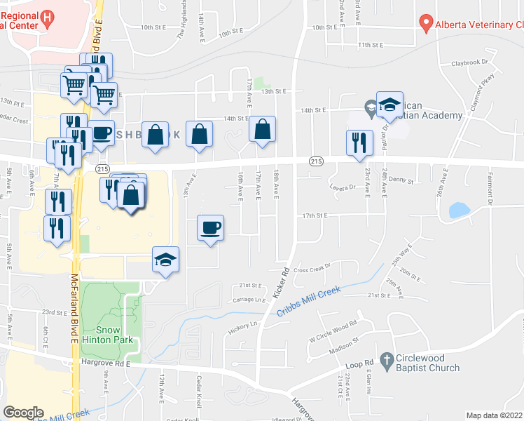map of restaurants, bars, coffee shops, grocery stores, and more near 1705 17th Avenue East in Tuscaloosa