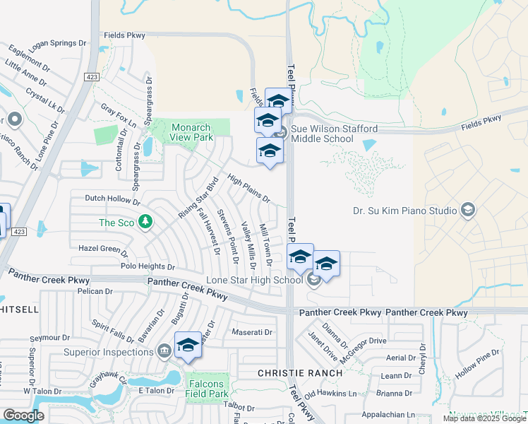 map of restaurants, bars, coffee shops, grocery stores, and more near 14020 Mill Town Drive in Frisco