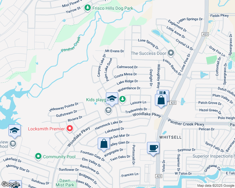 map of restaurants, bars, coffee shops, grocery stores, and more near 2628 Waterdance Drive in Little Elm