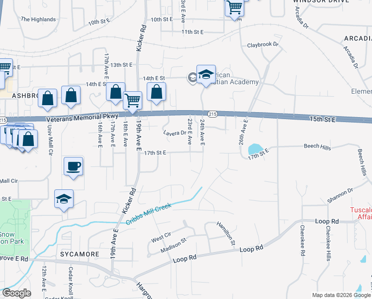 map of restaurants, bars, coffee shops, grocery stores, and more near 1630 23rd Avenue East in Tuscaloosa