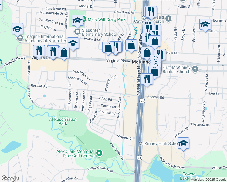 map of restaurants, bars, coffee shops, grocery stores, and more near 2318 Rockhill Road in McKinney