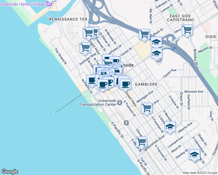 map of restaurants, bars, coffee shops, grocery stores, and more near 302 Mission Avenue in Oceanside