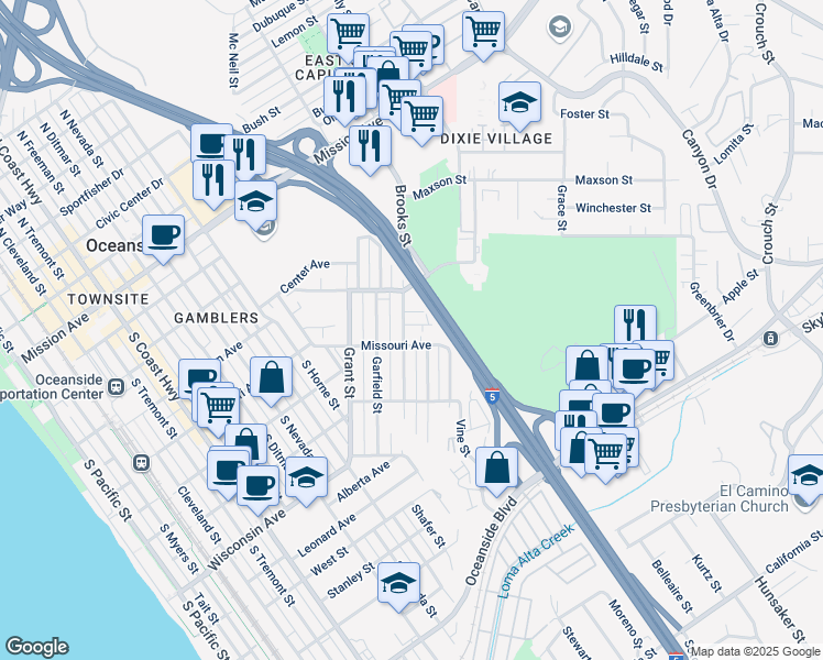 map of restaurants, bars, coffee shops, grocery stores, and more near 430 Brooks Street in Oceanside