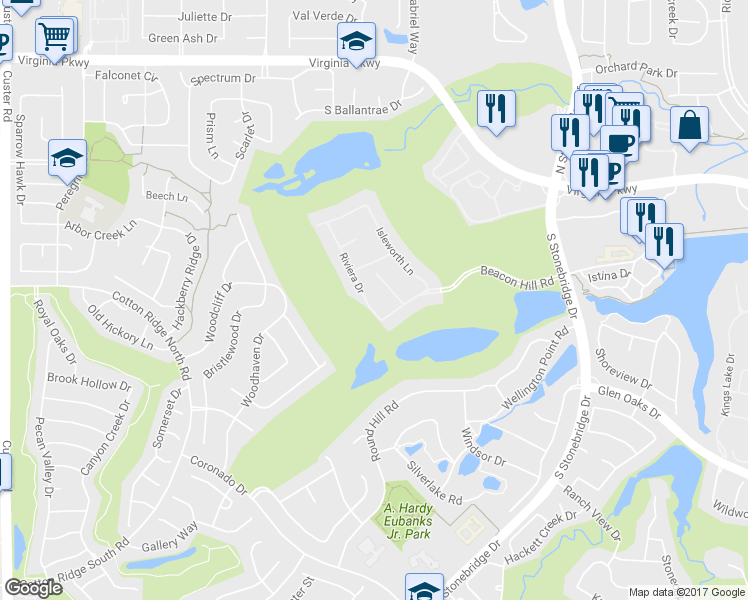 map of restaurants, bars, coffee shops, grocery stores, and more near 601 Riviera Drive in McKinney