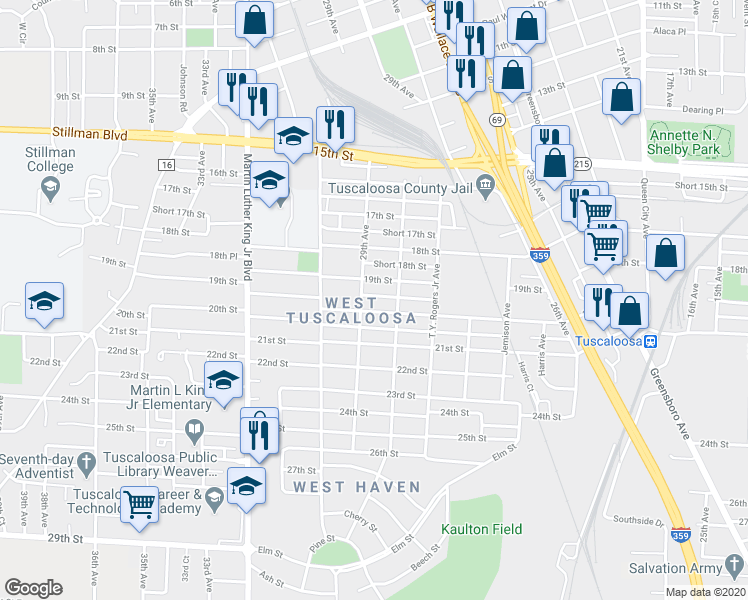 map of restaurants, bars, coffee shops, grocery stores, and more near 2815 Short 19th Street in Tuscaloosa