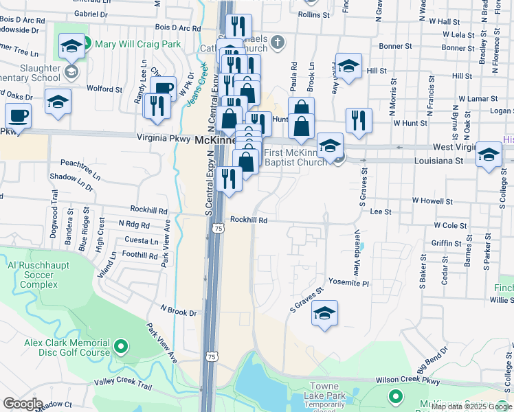 map of restaurants, bars, coffee shops, grocery stores, and more near 541 Wilson Creek Boulevard in McKinney