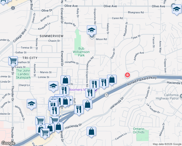 map of restaurants, bars, coffee shops, grocery stores, and more near 309 Grapevine Road in Vista