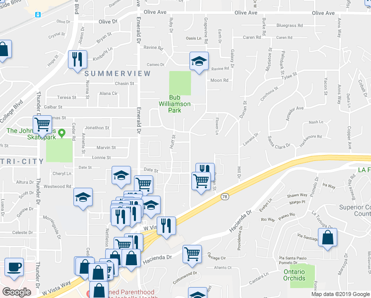 map of restaurants, bars, coffee shops, grocery stores, and more near 1630 Doris Jean Place in Vista