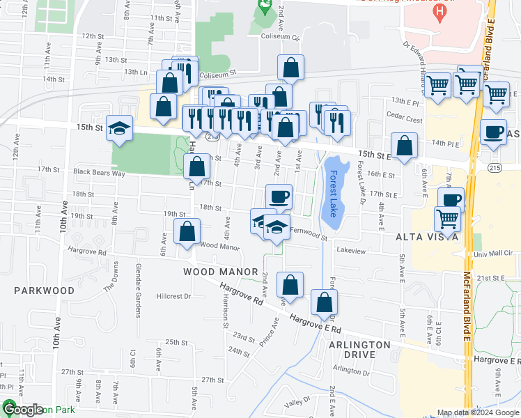 map of restaurants, bars, coffee shops, grocery stores, and more near 1720 2nd Avenue in Tuscaloosa