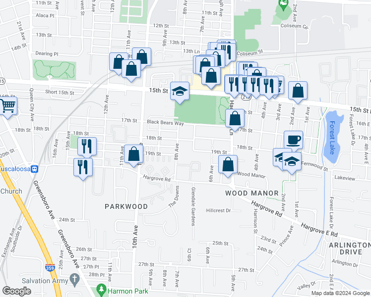 map of restaurants, bars, coffee shops, grocery stores, and more near 1805 8th Avenue in Tuscaloosa
