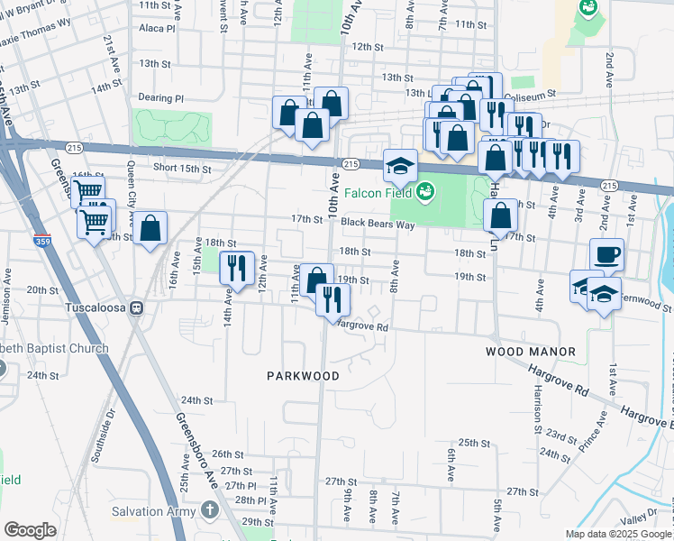 map of restaurants, bars, coffee shops, grocery stores, and more near 1825 10th Avenue in Tuscaloosa