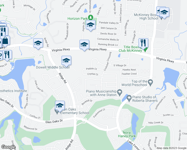 map of restaurants, bars, coffee shops, grocery stores, and more near 5433 Crystal Court in McKinney