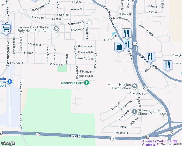 map of restaurants, bars, coffee shops, grocery stores, and more near 1321 East Burns Street in El Dorado