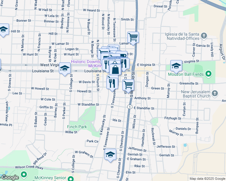 map of restaurants, bars, coffee shops, grocery stores, and more near 304 South Tennessee Street in McKinney