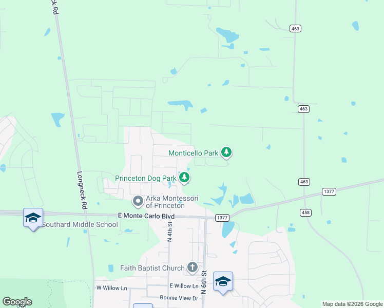 map of restaurants, bars, coffee shops, grocery stores, and more near 8432 Biggs Road in Princeton
