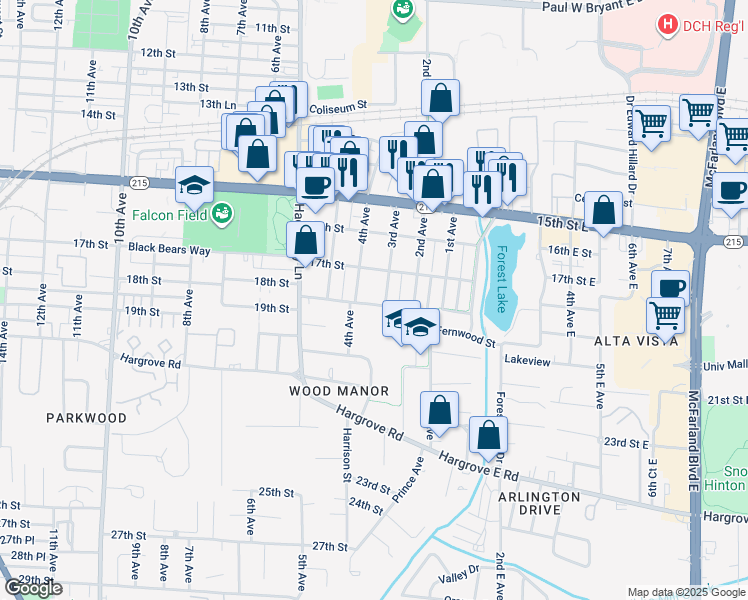 map of restaurants, bars, coffee shops, grocery stores, and more near 320 18th Street in Tuscaloosa