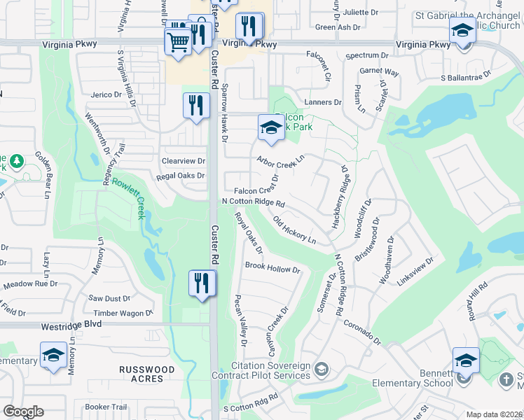 map of restaurants, bars, coffee shops, grocery stores, and more near 8516 Old Hickory Lane in McKinney