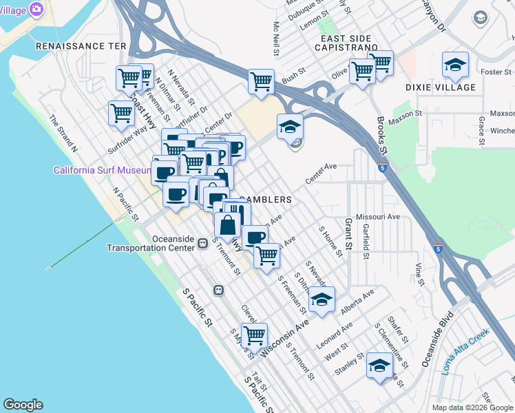 map of restaurants, bars, coffee shops, grocery stores, and more near 211 South Nevada Street in Oceanside