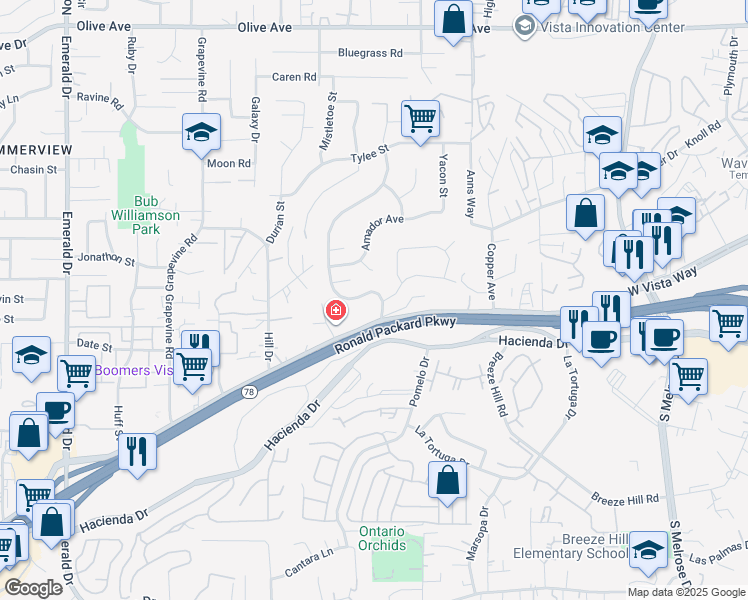 map of restaurants, bars, coffee shops, grocery stores, and more near 134 Santa Clara Drive in Vista