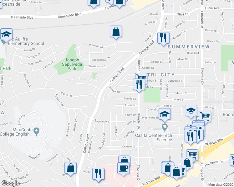 map of restaurants, bars, coffee shops, grocery stores, and more near 4037 Marvin Street in Oceanside