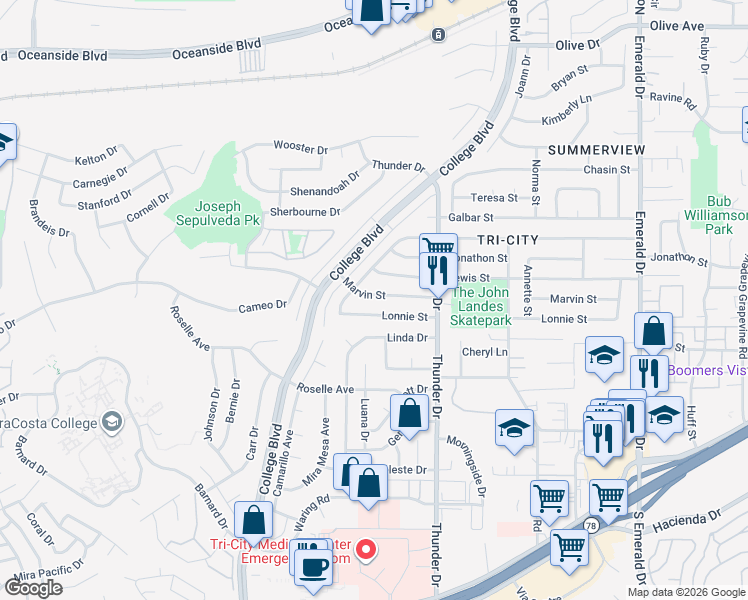 map of restaurants, bars, coffee shops, grocery stores, and more near 4041 Marvin Street in Oceanside