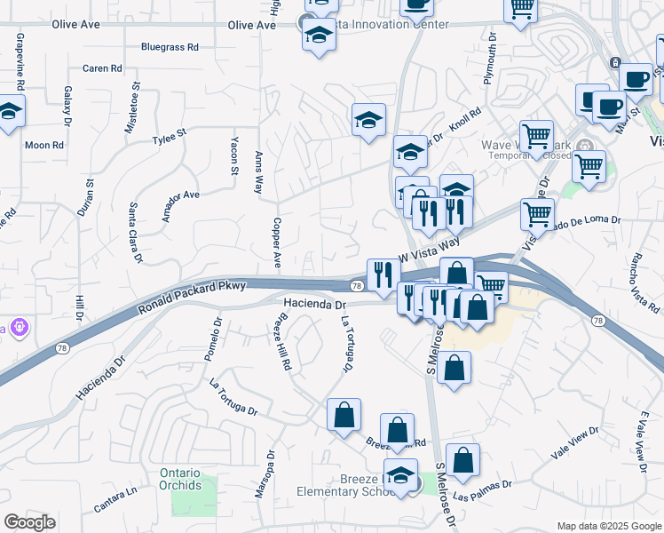 map of restaurants, bars, coffee shops, grocery stores, and more near 801-19 West Vista Way in Vista