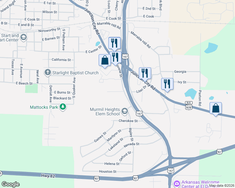 map of restaurants, bars, coffee shops, grocery stores, and more near 323 Lilac Drive in El Dorado
