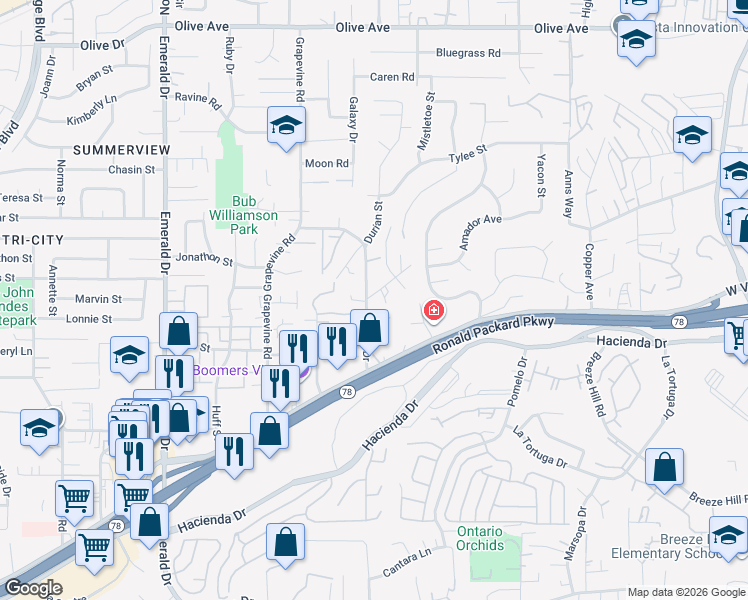 map of restaurants, bars, coffee shops, grocery stores, and more near 227 Hill Drive in Vista