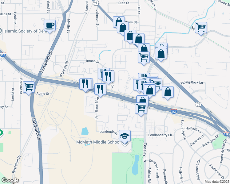 map of restaurants, bars, coffee shops, grocery stores, and more near 441 South Interstate 35 in Denton