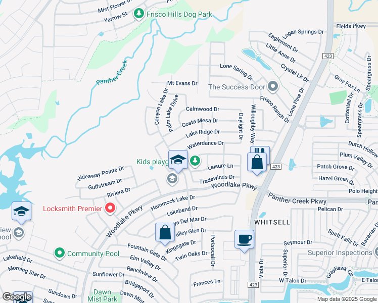 map of restaurants, bars, coffee shops, grocery stores, and more near 2628 Waterdance Drive in Little Elm