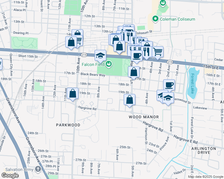 map of restaurants, bars, coffee shops, grocery stores, and more near 624 19th Street in Tuscaloosa
