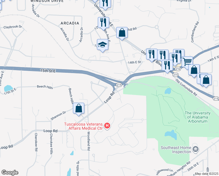 map of restaurants, bars, coffee shops, grocery stores, and more near 3653 Mayfair Drive in Tuscaloosa