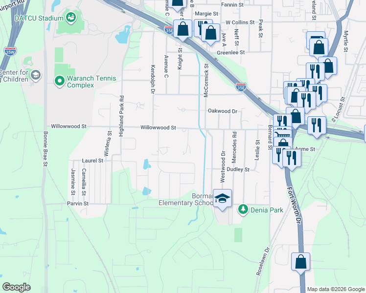 map of restaurants, bars, coffee shops, grocery stores, and more near 1519 Willowwood Street in Denton