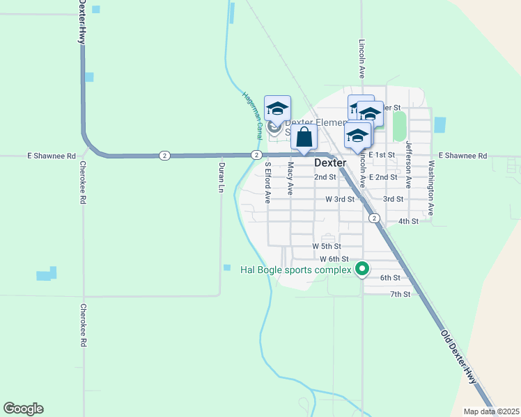map of restaurants, bars, coffee shops, grocery stores, and more near 302 South Elford Avenue in Dexter