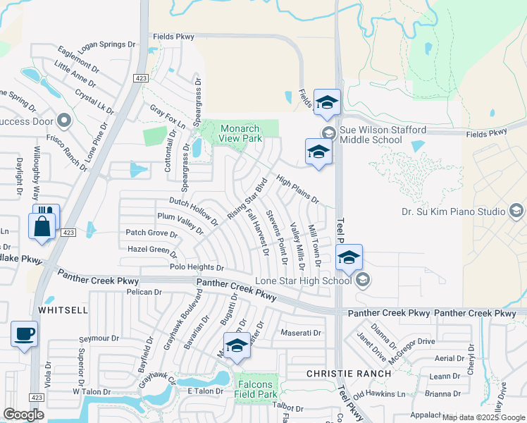 map of restaurants, bars, coffee shops, grocery stores, and more near 14003 Stevens Point Drive in Frisco