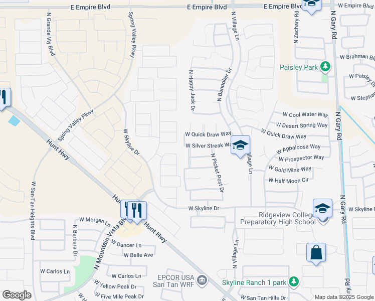 map of restaurants, bars, coffee shops, grocery stores, and more near 34764 North Happy Jack Drive in San Tan Valley