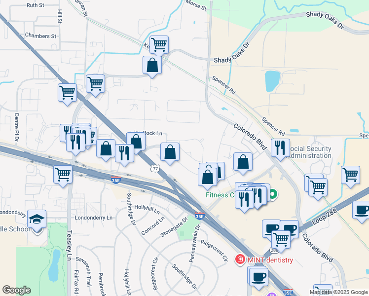 map of restaurants, bars, coffee shops, grocery stores, and more near 1405 Sandy Creek Drive in Denton