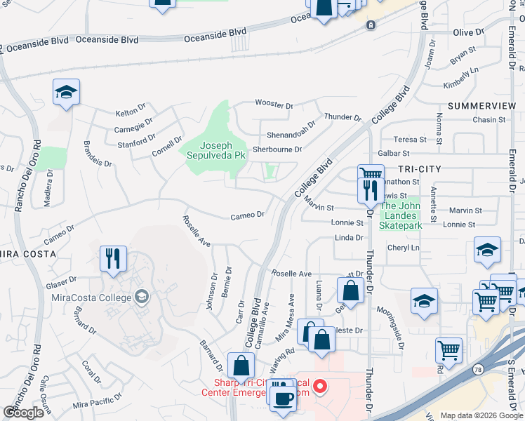 map of restaurants, bars, coffee shops, grocery stores, and more near 3938 Cameo Drive in Oceanside