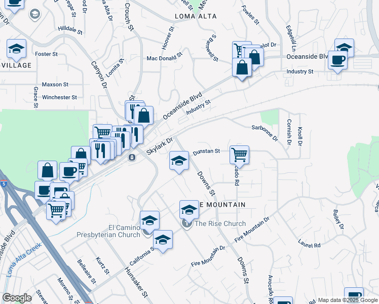 map of restaurants, bars, coffee shops, grocery stores, and more near 2166 Grandview Street in Oceanside
